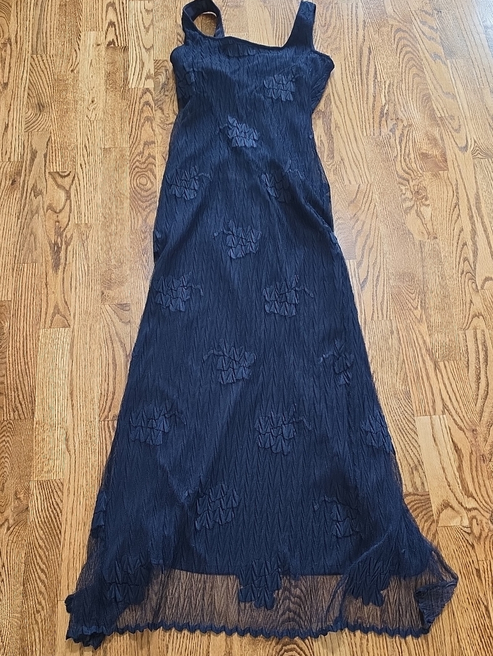 (12) Algo Navy Sleeveless Maxi Dress Textured Floral Details Lace Evening Formal